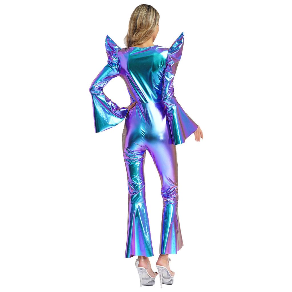 Tuta Disco Metallizzata Lucida da Donna Manica Lunga Vita Alta Zip Frontale Fondo a Zampa Romper Abbigliamento da Club
