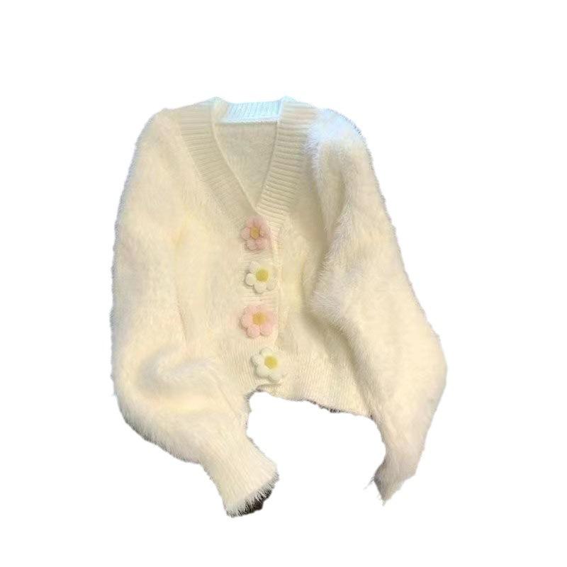 Three-dimensional Flower Cute Fresh Soft Waxy Sweater Women's Autumn and Winter Design Imitation Mink Knitted Cardigan Jacket
