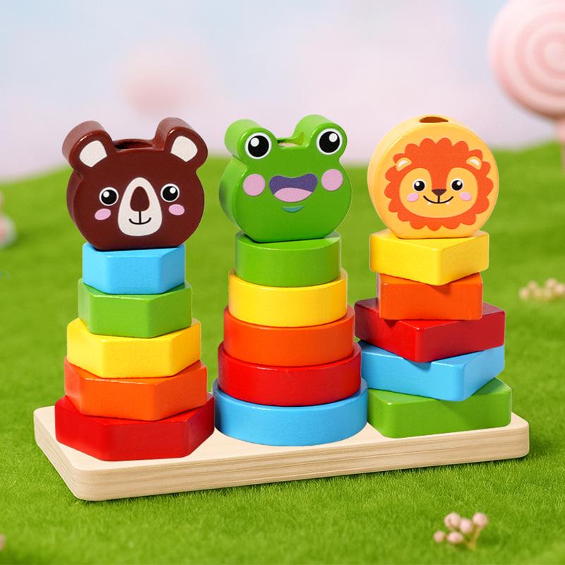Wooden Animal Stacking Tower - Educational Shape Recognition Toy for Toddlers