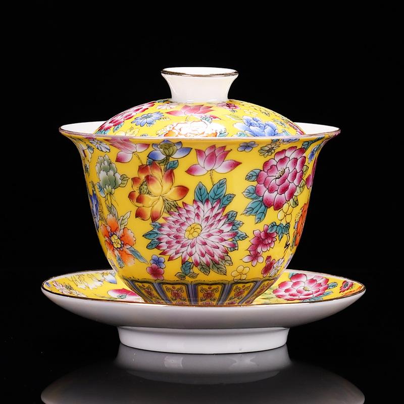 HMLOVE White Porcelain Sancai Gaiwan Color Enamel Cover Bowl Lid Saucer Vintage Handmade Tea Tureen Teaware Sets Gift 200ML