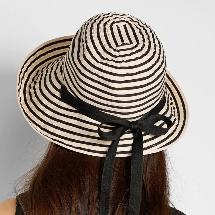 Spring and summer striped bucket hat women's foldable new long sunscreen hat fashion basin hat big head circumference sun hat