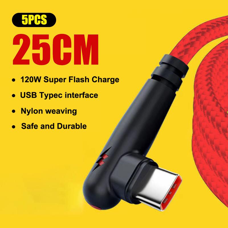 

5Pcs 120W Usb To C Cable Quick Charging Cable 90 Degree Usb Charging Cable Nylon Braided For Mobile Phone, Table B1