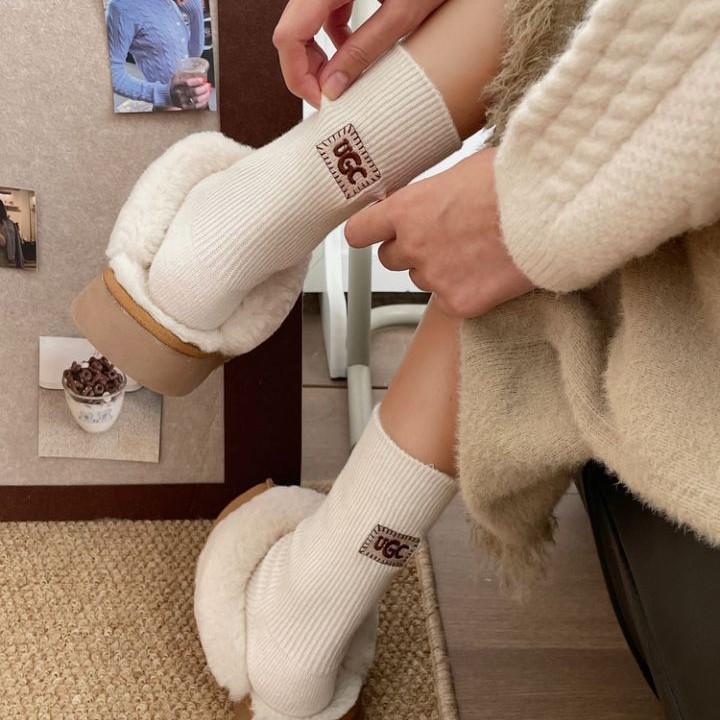 Khaki Wool Fleece Mid-Calf Socks: Warm, Solid Color, Embroidered Logo