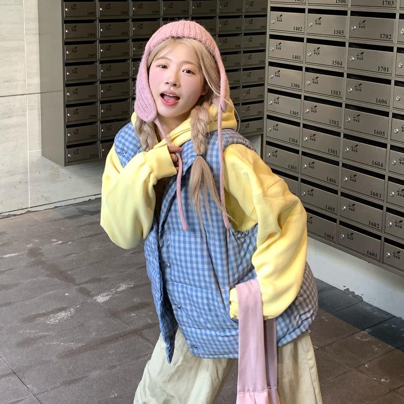 Women's Winter Down Vest Short Stand Collar Loose Blue Plaid