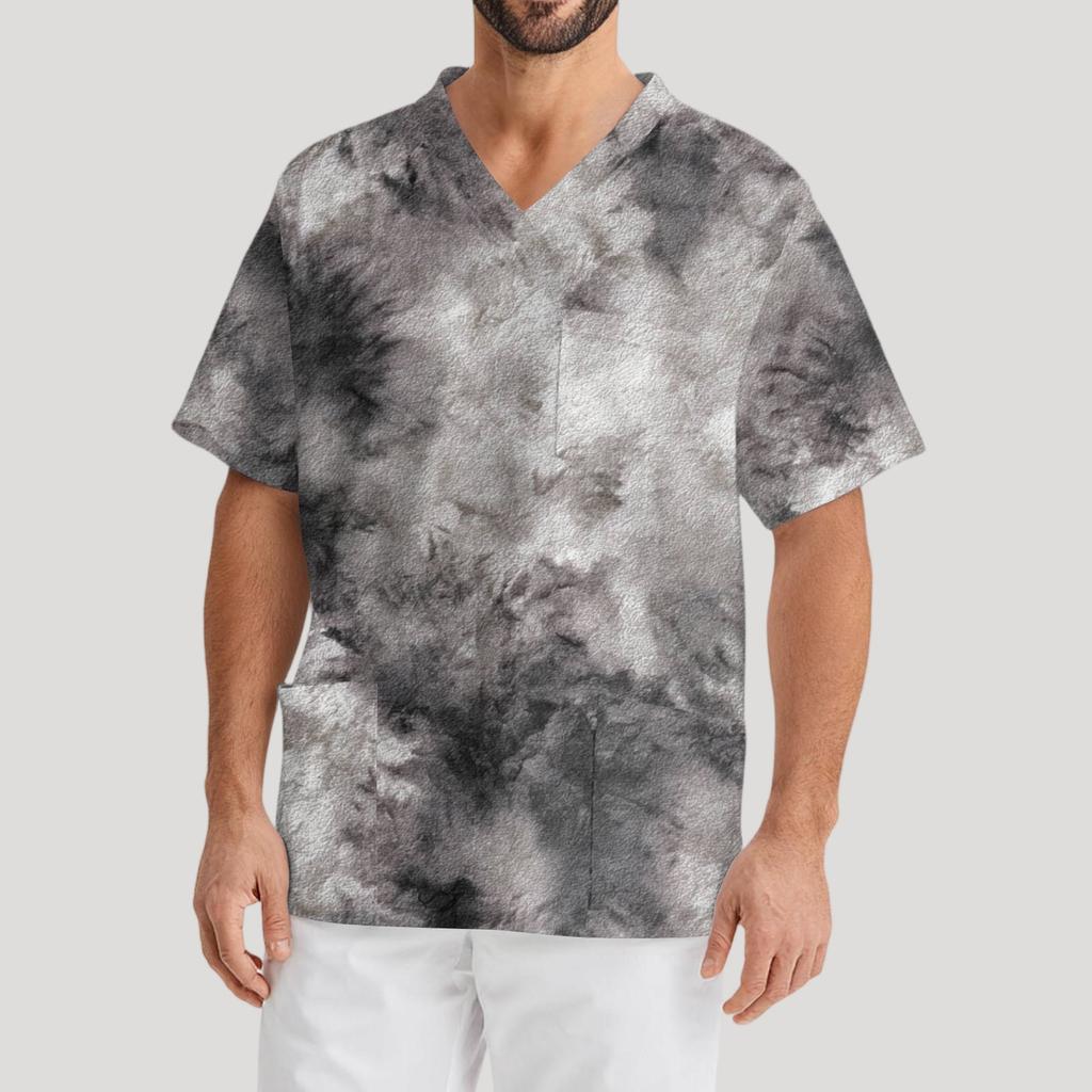 Men's Printing Short Sleeve V-neck Working Blouse Chest Pocket Carer Top