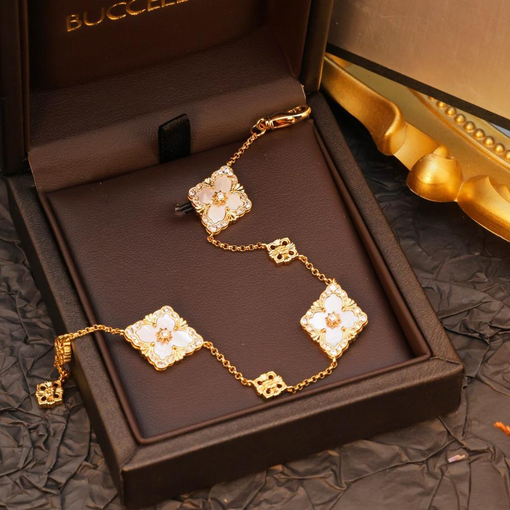 Новый браслет-браслет с четырехлистным клевером и пятилепестковым цветком - Винтажный браслет в придворном стиле из халцедона для женщин