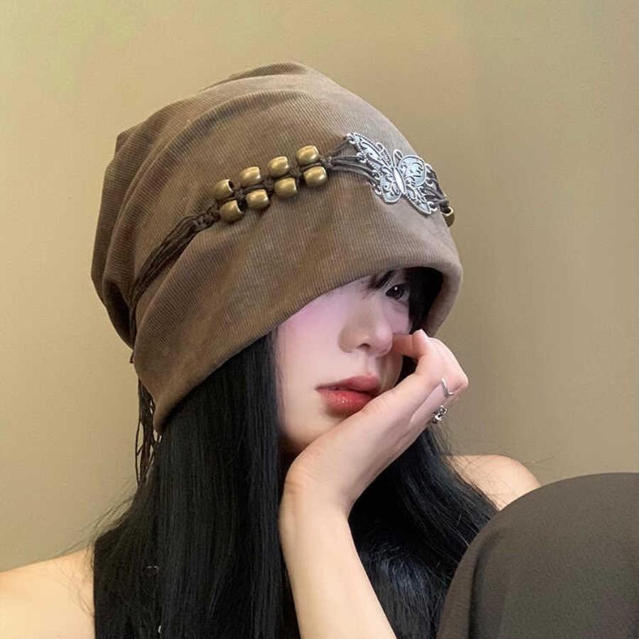 Autumn and Winter American Retro Pile Hat Tassel Butterfly Bag Head Hat Big Head Circumference Showing Face Small Hat Women's Versatile Cold Hat