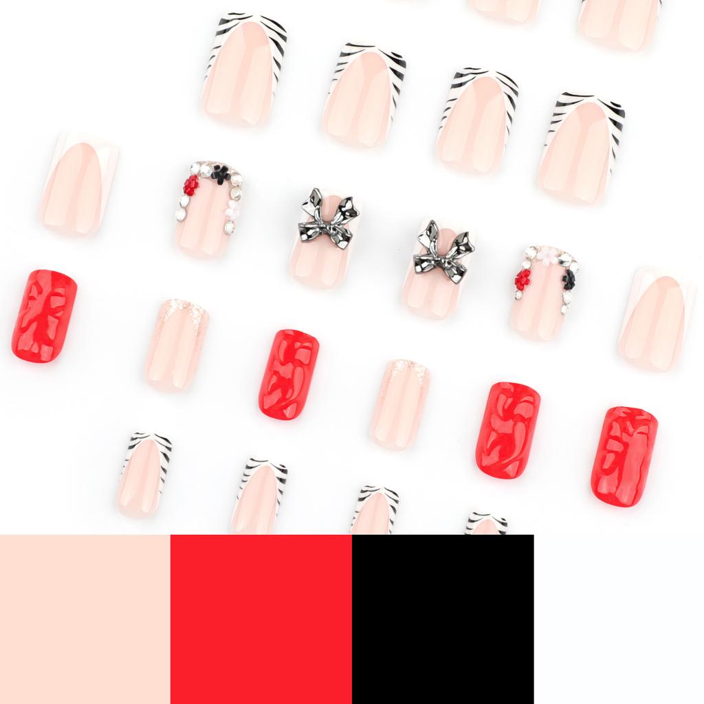 French black and white zebra pattern nail art piece point diamond metal bow wearing nail 3D red square wearing nail piece