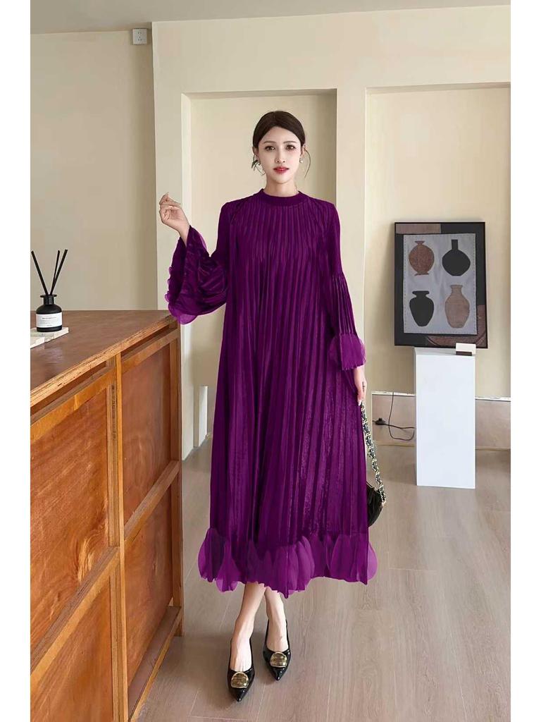 Miyake Pleated Plus Size Velvet Dress - Elegant Loose Long European & American Style.