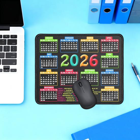 Podkładka pod mysz kalendarz 2026 z antypoślizgową gumową podstawą, szytą krawędzią, prostokątna, wodoodporna, do domu, biura, do gier, podkładka pod mysz do komputera, laptopa, mata na biurko