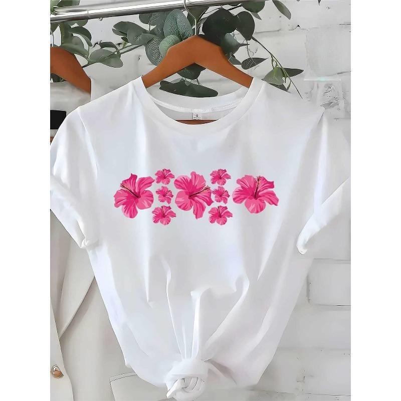 

European Size Best Selling Fashion Women S Summer T-Shirt with Red Small Flower Pattern ,Regular Style, Comfortable and Elastic,Suitable for Daily Use 4XL білий