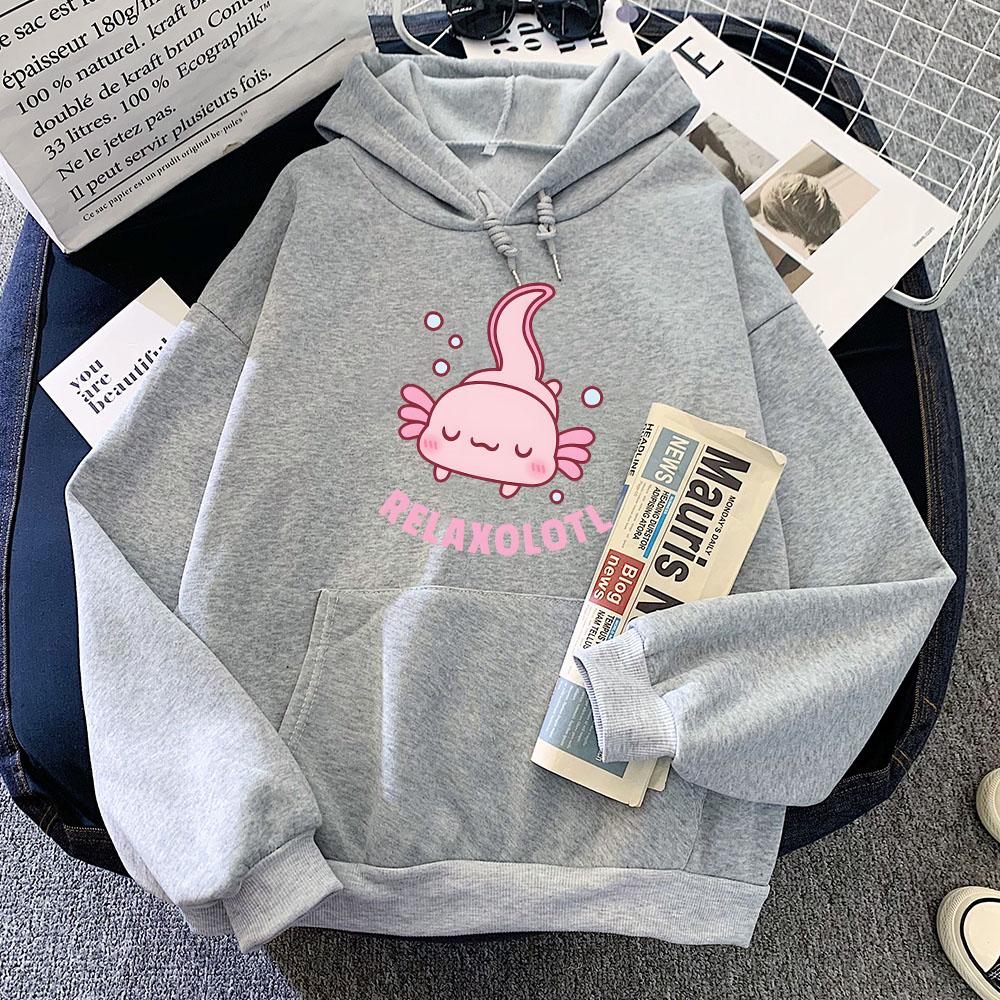 Pink Axolotl Eating Bubble Boba Milk Tea Hoodies Casual Girls Kawaii Cartoon Sweatshirts Long Sleeve Women/Men Pullovers Winter