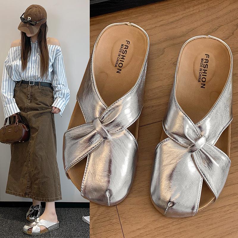2025 New Bag Head Cool Slippers Women's Summer Wear Flat Bottom Half Drag Middle Heel Casual Muller Cool Slippers