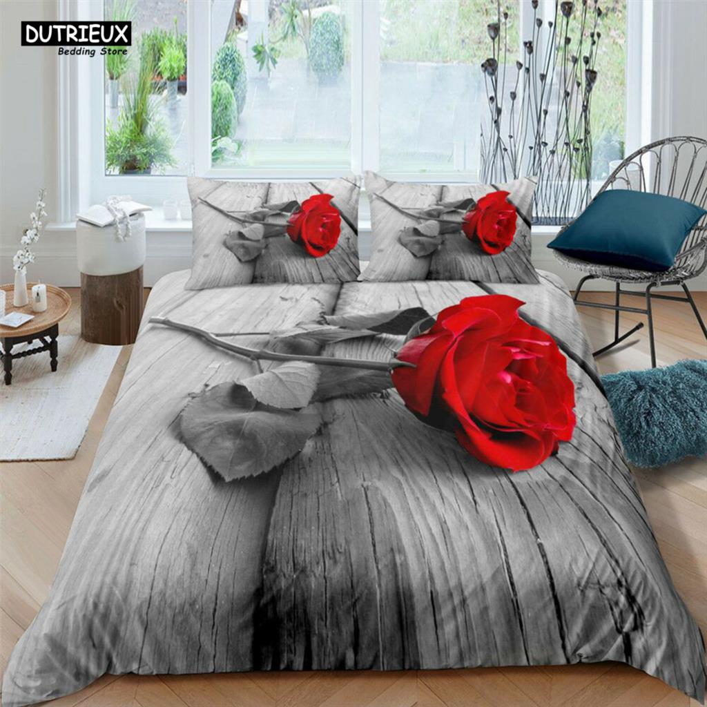 Roupa de Cama Estampada Flor de Amor 3D Conjuntos de Roupa de Cama de Poliéster Cobertores para Crianças Meninos Roupa de Cama para Adolescentes Conjunto de Roupa de Cama Tamanho King