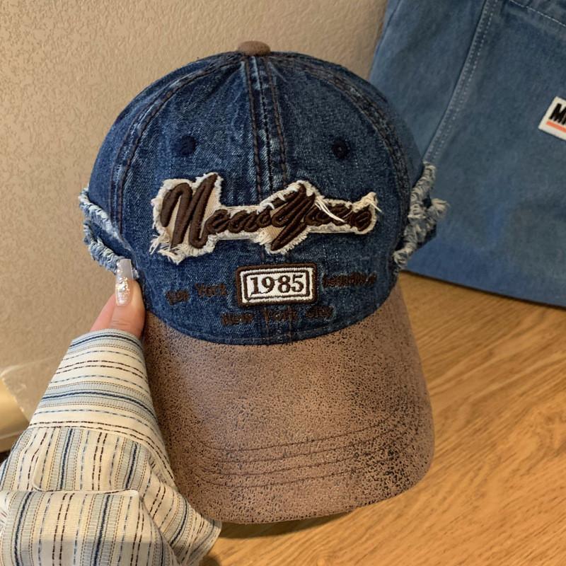 Distressed Fashionable Denim Baseball Hat For Adults With Embroidered Design