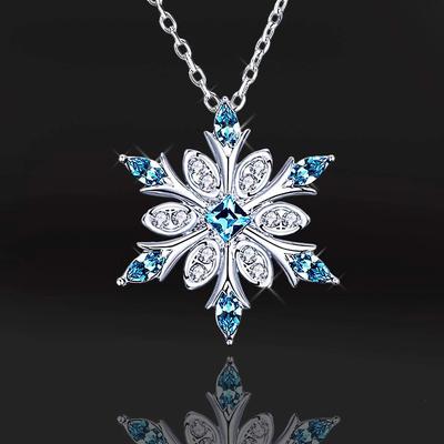 Women Silver Plated Blue Crystal Snowflake Pendant Necklace Christmas Winter Jewelry Gift Collarbone Chain