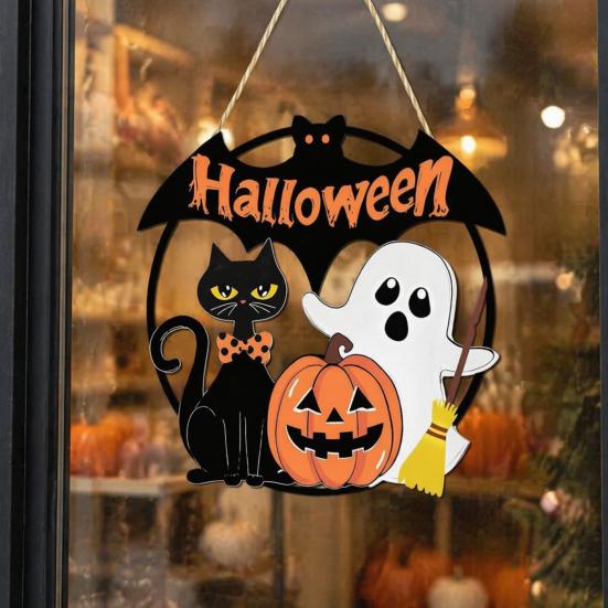 Weather Resistant Halloween Props Wood Hanging Ornament with Ghost Pumpkin Bat Cat Prints, Durable Ornaments Waterproof Front Door Sign for