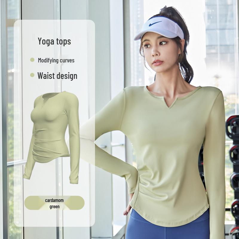 Juyi Hall Solid V-Neck Ruched Long Sleeve Women's Bodycon Yoga Top