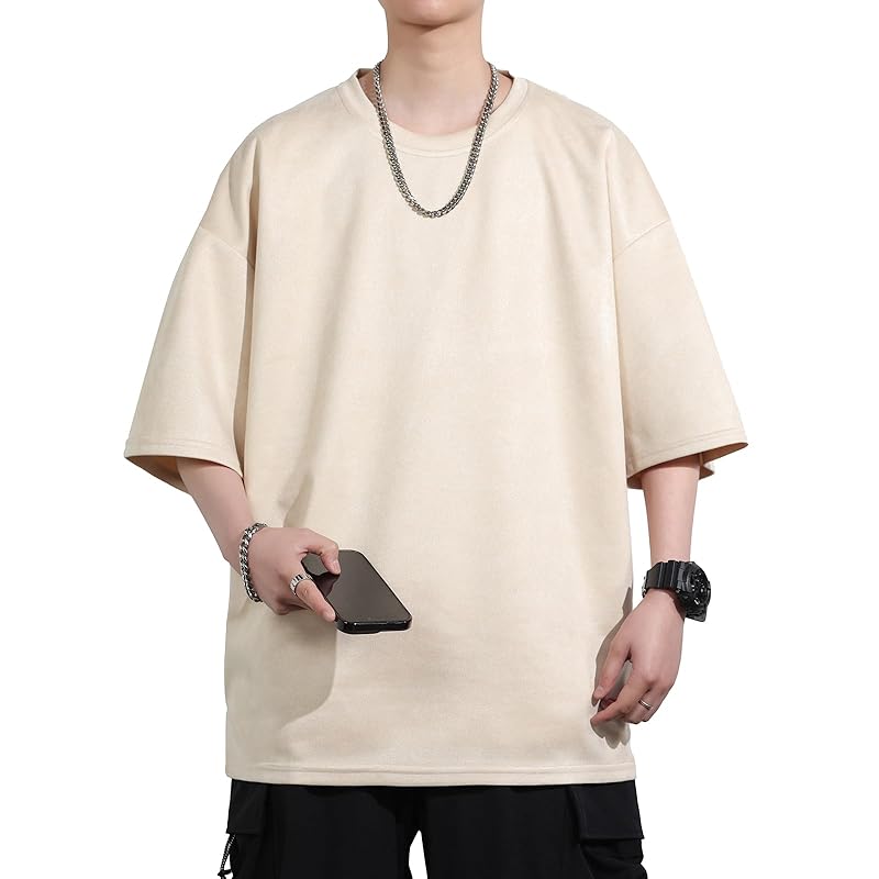 

[FLYSKY] men s T-shirt short sleeve suede big silhouette cut and sew half sleeve summer faux suede summer clothes Plain color BIG t-shirt Relaxing