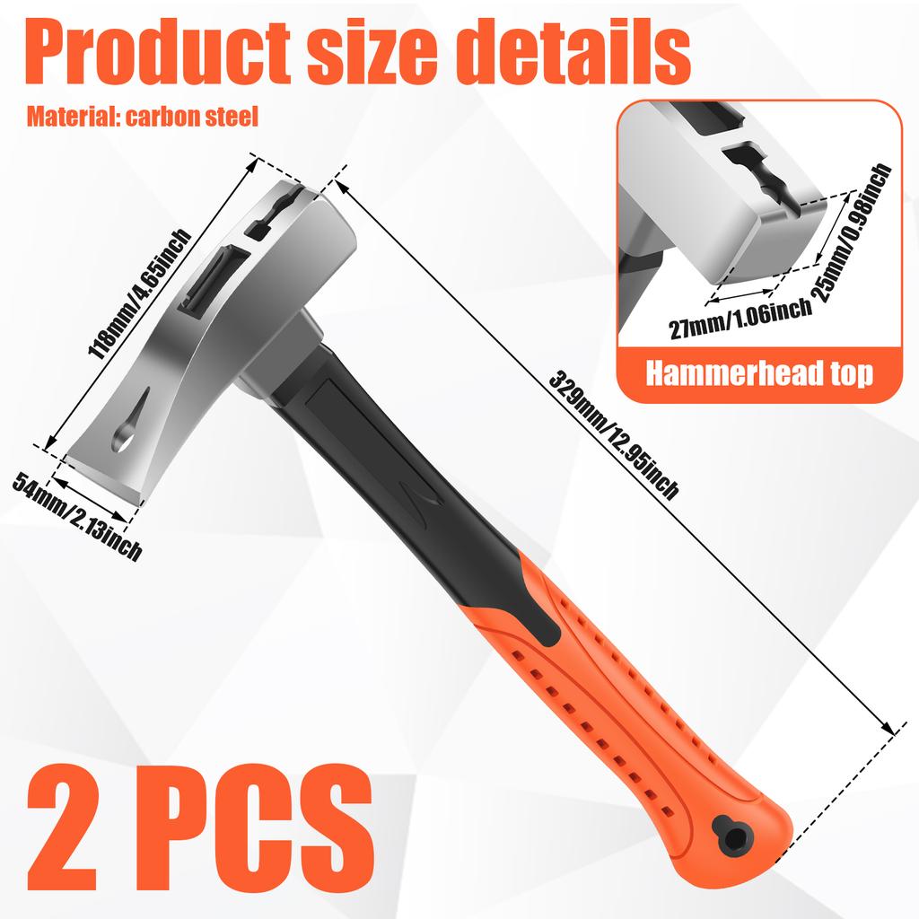 2Pcs 3 in 1 Pry Bar Hammer Multi-functional Unique Hammer 13" Pry Bar with Nail Puller Crowbar Hammers for Woodworking Hand Tool