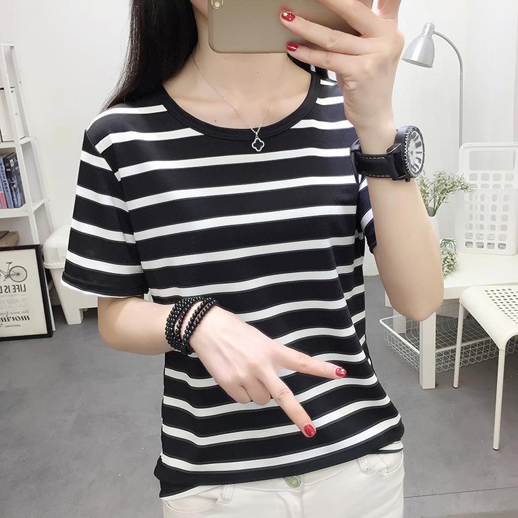 Women Striped Short Sleeve T‑Shirt Japanese Korean Casual Crew Neck Loose Summer Slim Fit Basic Top