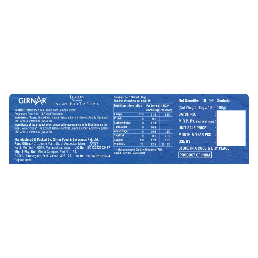 Girnar Instant Iced Tea Lemon Flavor Premix  10Sachets Vegan Caffeine Free Refreshing Cold Drink  Pack of 1 Single Serve