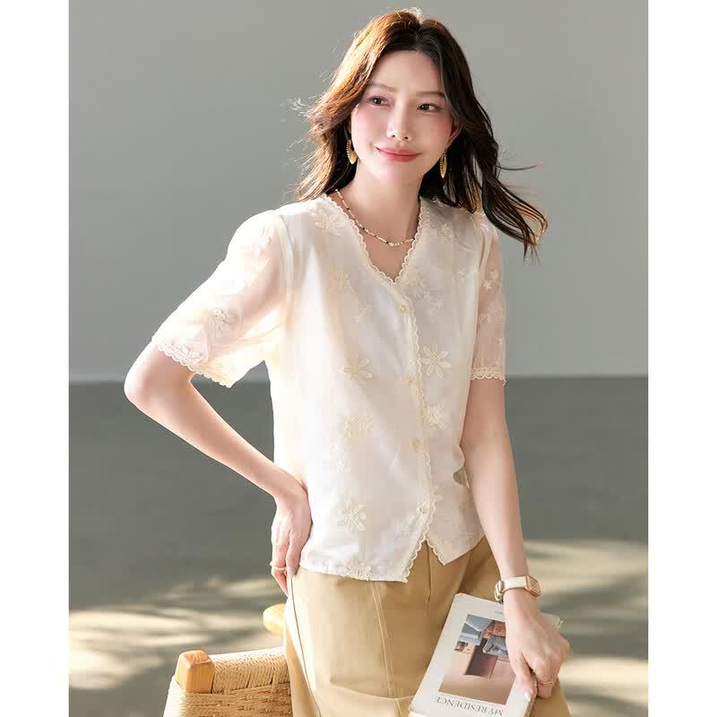 TERRE BLEUE Women s V-Neck Short Sleeve Casual Shirt M