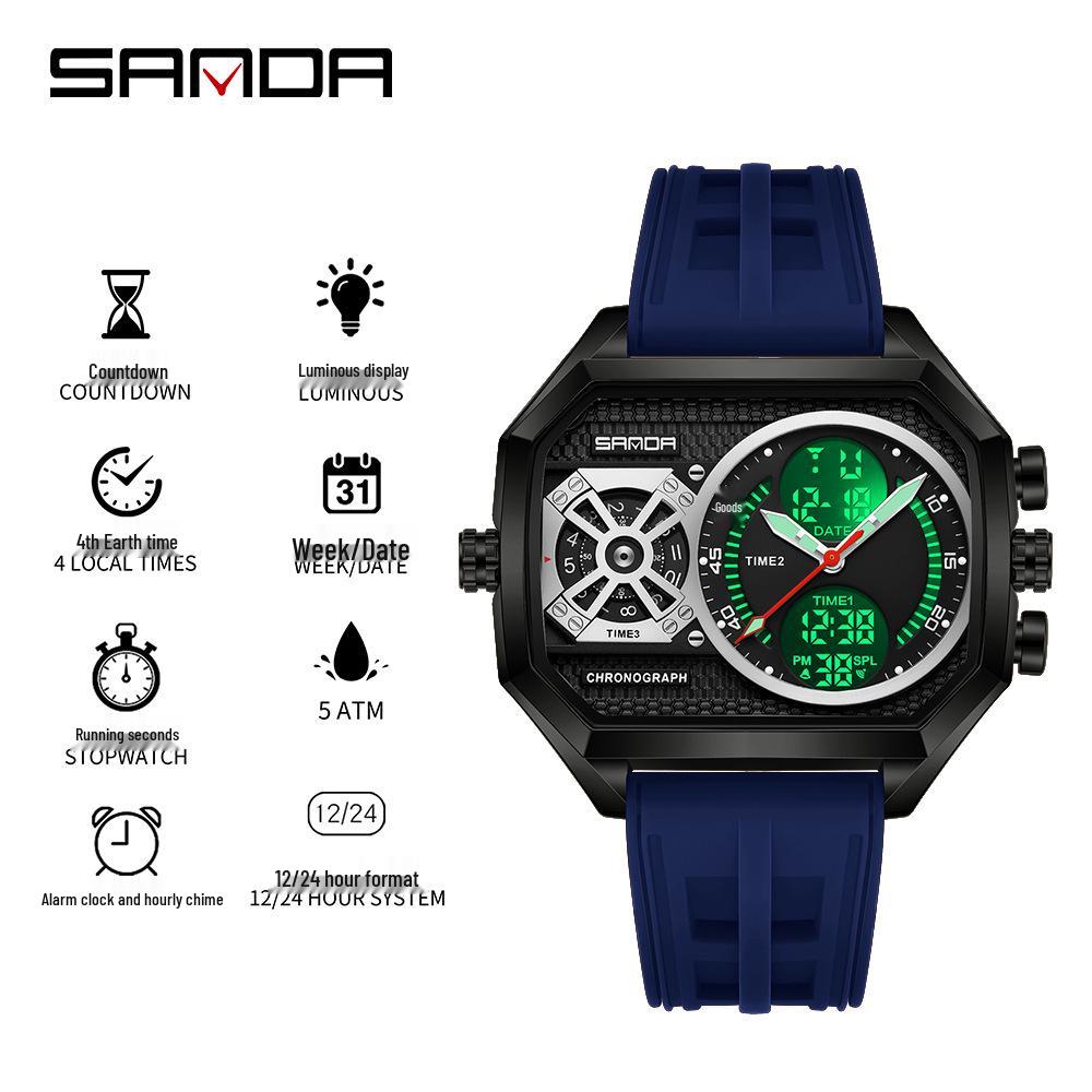 SANDA Men s Multi-Function Waterproof Watch with Four Time Zones