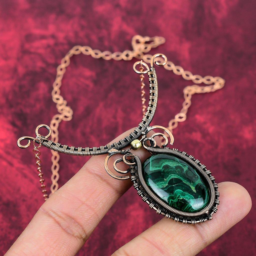 Malachite Necklace Copper Wire Wrapped Gemstone Necklace Adjustable Chain Necklace Handmade Necklace Copper Wire Wrap Jewelry Wedding Gifts