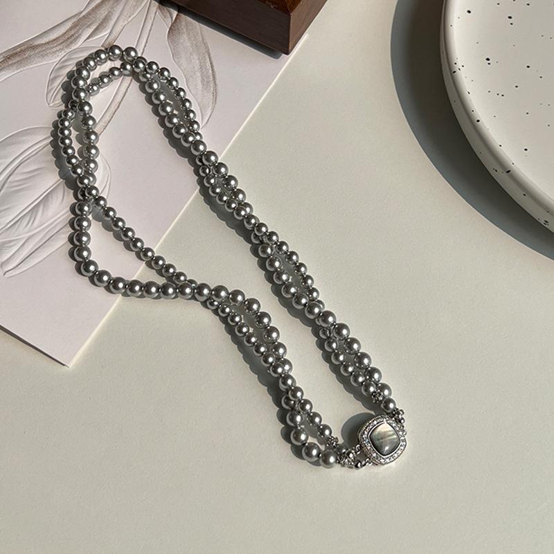 Fritillary Button Double Pearl Necklace Light Luxury Retro Elegant Retro Versatile Neck Chain Sweater Chain