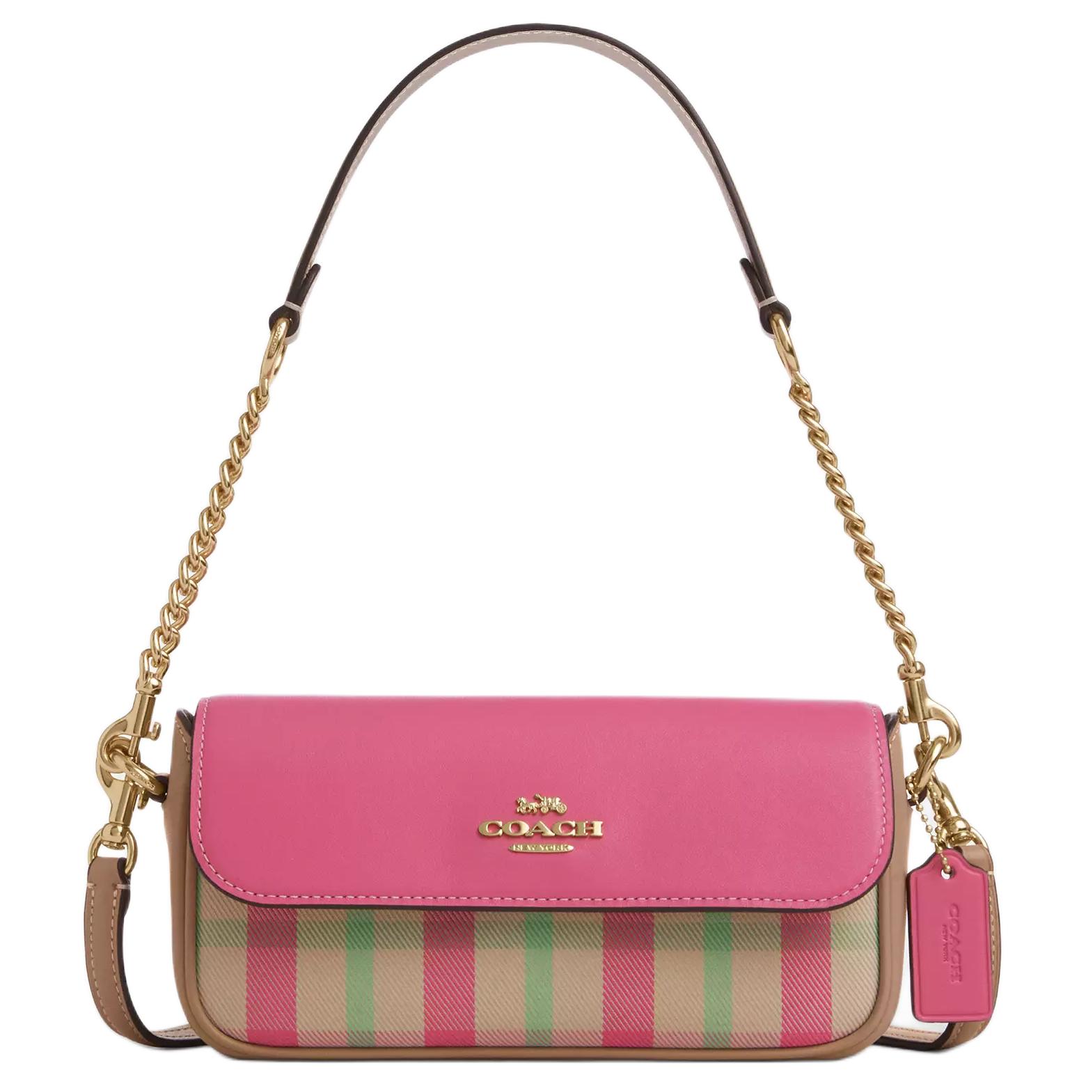

Coach Pink Plaid Print Leather Chain Shoulder Bag with Detachable Strap for Daily & Casual Use Basic Set (Bag+Dust Bag)