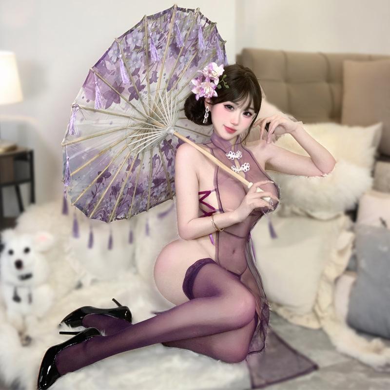 Women See Through Cheongsam Dress Sexy Halter Lingerie Set Dress Lace High Split Mesh Nightgown Chinese Couple Games Sex Uniform