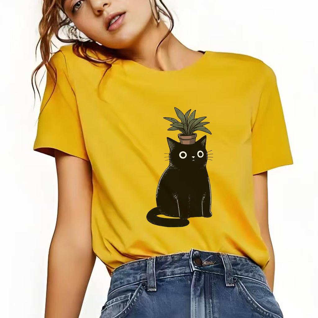 Black Cat Potted Cartoon Printed Short Sleeve Round Neck SpringSummer Versatile Fashion Womens Tshirt