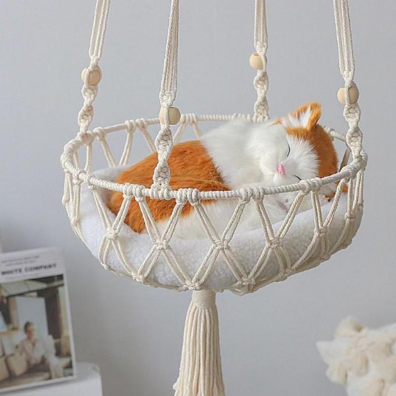 Handmade woven tassel Bohemian style pet cat hammock swing, with cotton padding, suitable for sleeping and playing.