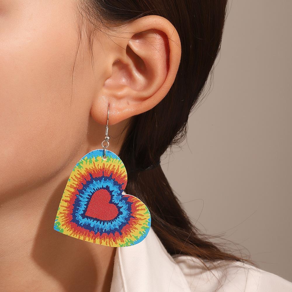 High quality new big love earrings red and black plaid rainbow leopard print heart leather ear hook Amazon ins earrings