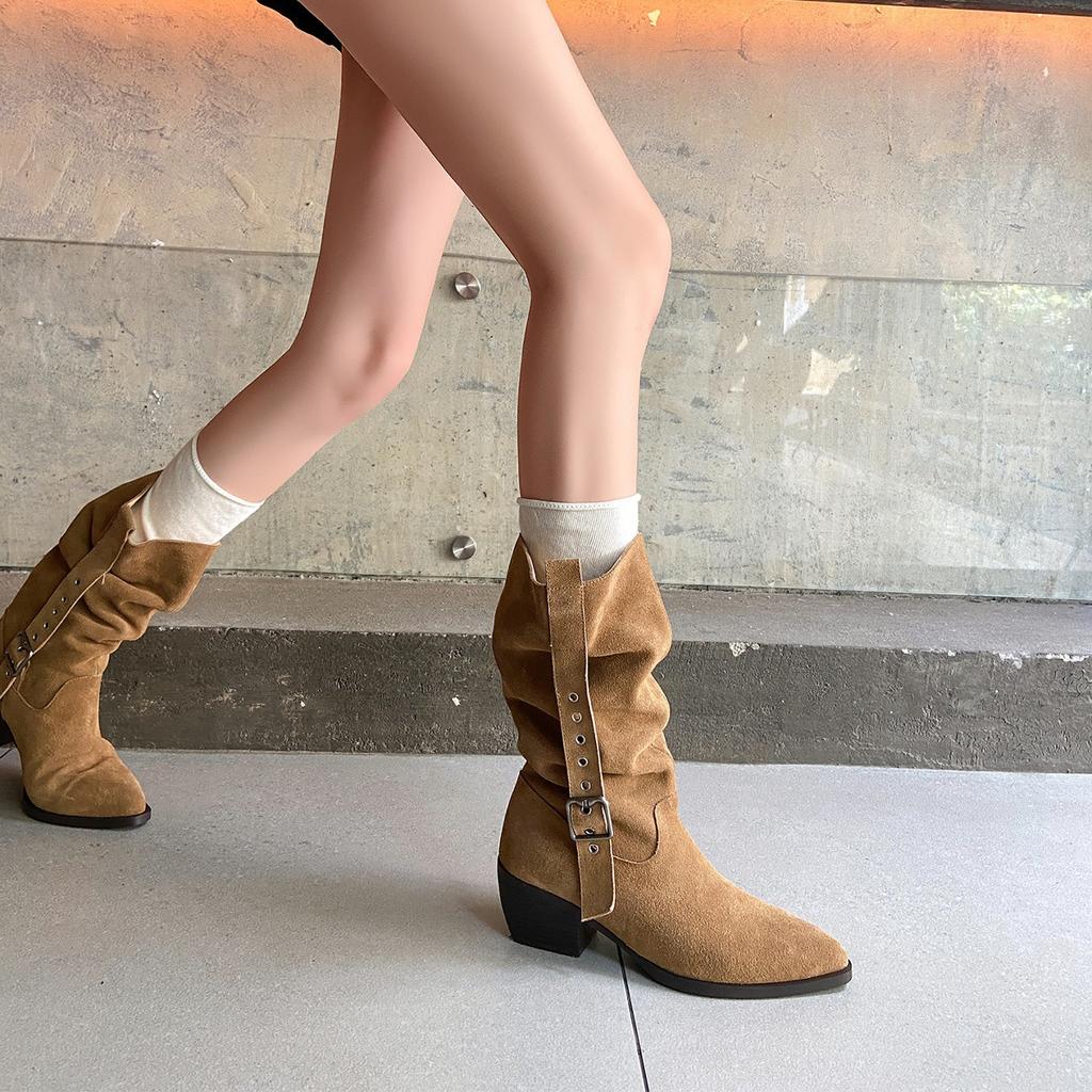 Cowhide version retro medium tube stacking boots western cowboy boots belt buckle thin boots pointed thick heel high heel short boots women
