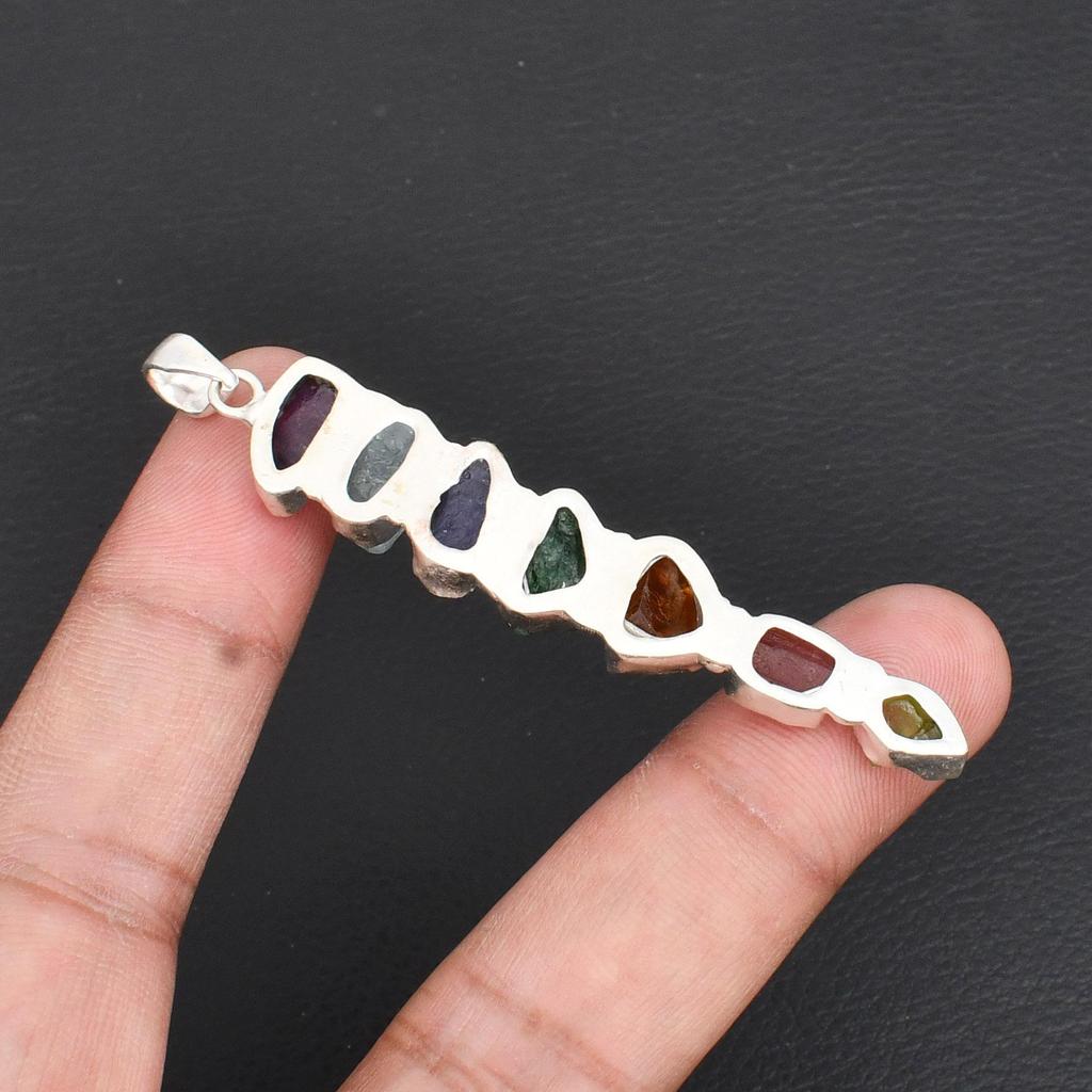 Natural 7 Chakra Rough Gemstone Pendant 925 Sterling Silver Raw Crystal Healing Stone Bar Necklace Jewelry Gift