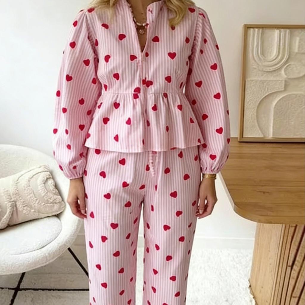 Spring Autumn Home Sleepwear Set - Silk Breathable Striped Heart Pattern Home Clothing