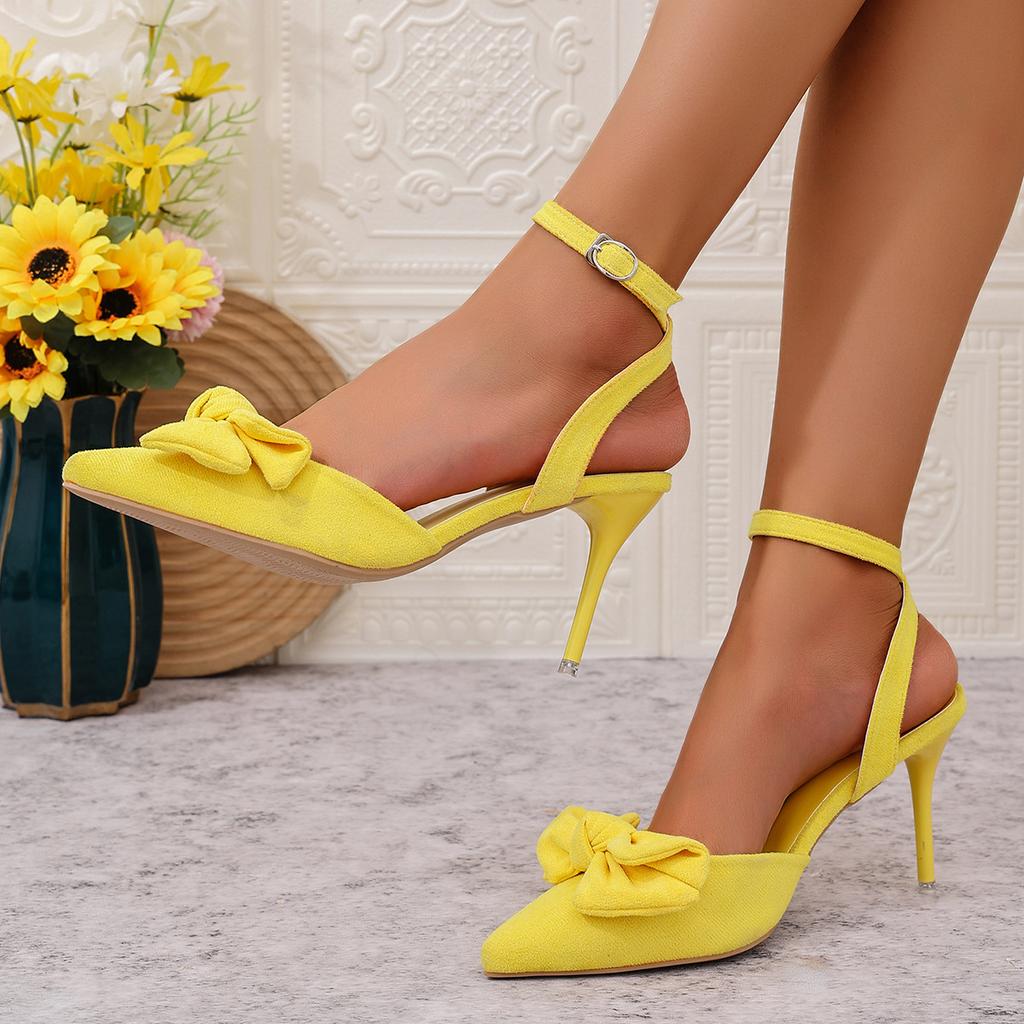 Fashion Bowtie Decor High Heel Sandals Women Fashion Yellow Flock Pointed Toe Dress Sandals Plus Size Ankle Buckle Thin Heeled Sandls