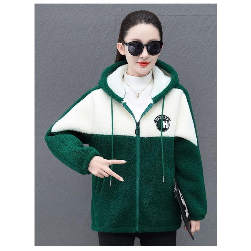 Autumn and Winter Zipper Pocket Contrasting Color Thickened Cardigan Sweatshirt Women's Fashion Warm Sherpa Jacket