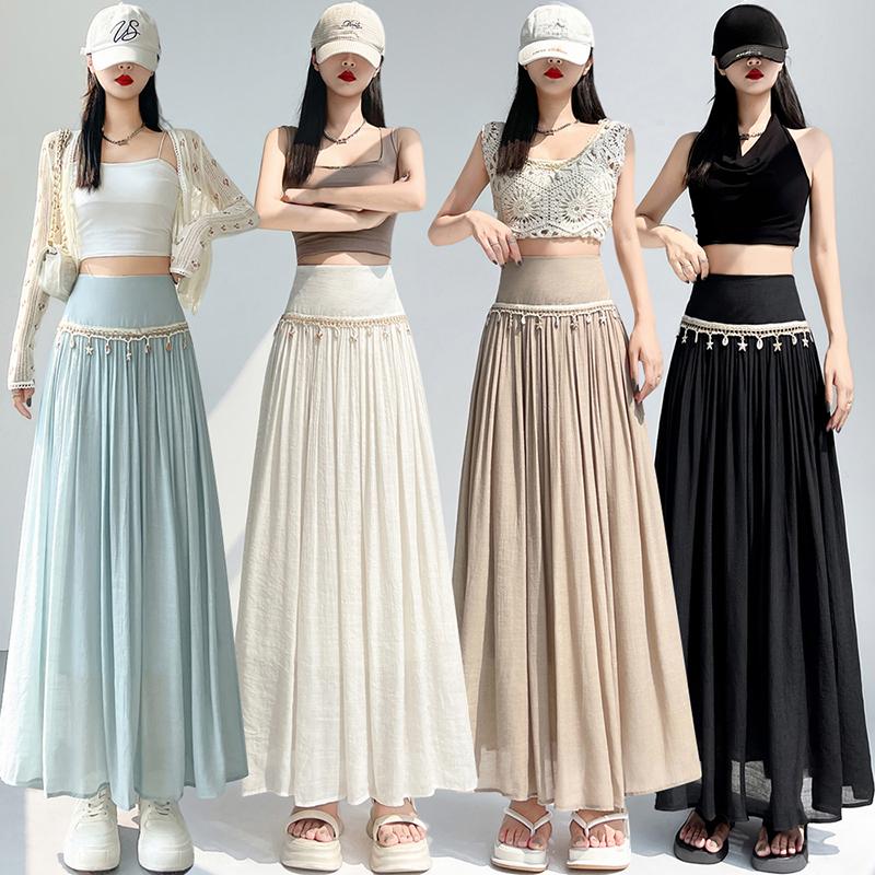 Summer Women Solid Linen Bohemian Ornaments Elastic Long Maxi Holiday Beach Skirt For Girl