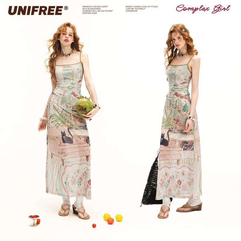 UNIFREE 2026 Summer Bohemian Cat Print Slim Camisole Dress S