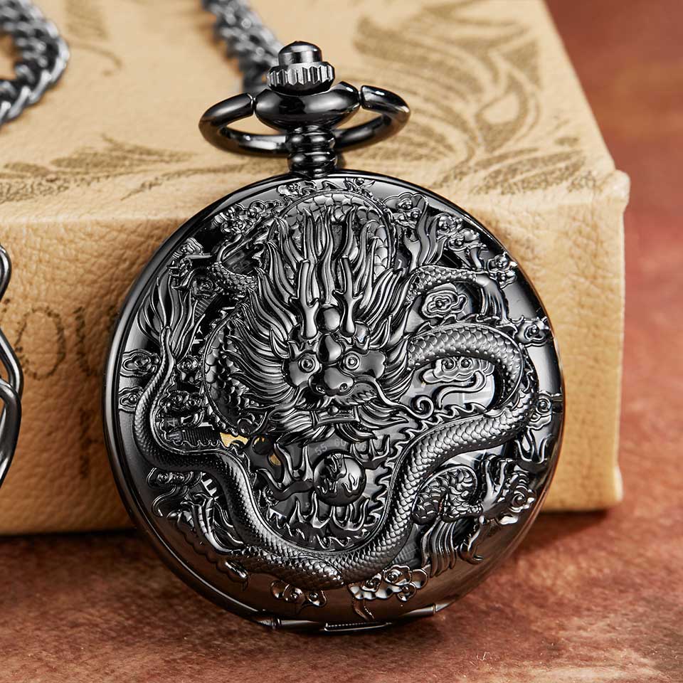 Luxury Golden Dragon Mechanical Fob Clock Phoenix Hollow Sculpture Mechanical Skeleton Pocket Watches Men Chain Wedding Gifts