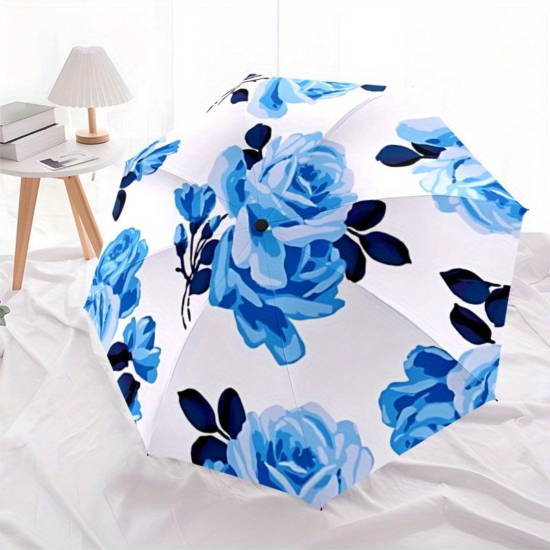 1pc Blue Rose Pattern Automatic Open/Close Umbrella, Portable Folding umbrella for Everyday Use y250826006