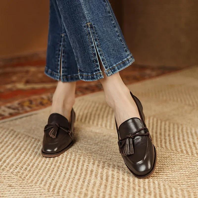 2025 Spring Genuine Leather Women Shoes Casual Slip-On Loafers Comfortable Simple Shoes Square Toe Shoes Woman Zapatos De Mujer