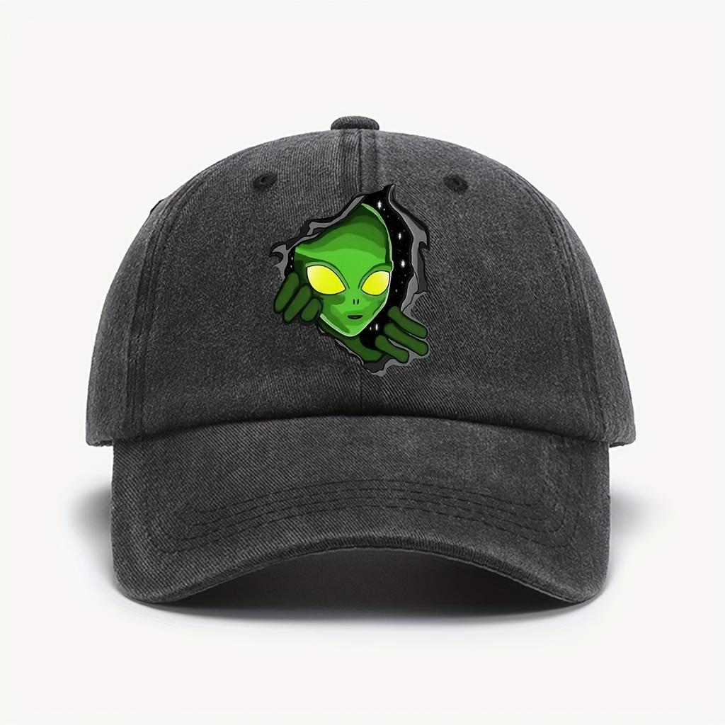 1 Piece Green Vintage Washed Baseball Cap Alien Print Sun Hat Adjustable For Halloween and Outdoor Fashion Headwear