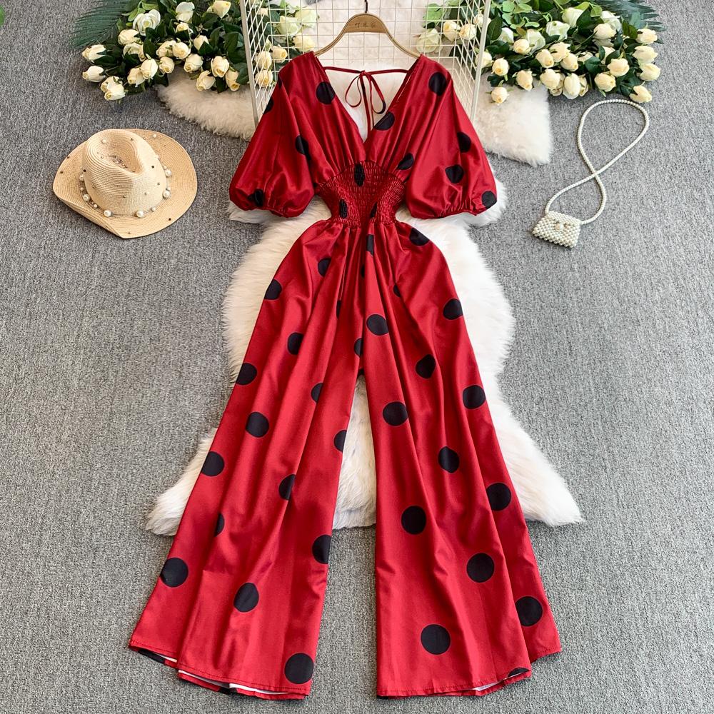 Damen Punkte Puffärmel Slim Bodysuit Schicke Mode Elastische Bodycon Jumpsuits Elegante Gothic Overalls