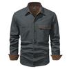 Men's Washed Cotton Casual Shirt Solid Color Lapel Long Sleeve Cargo Shirt for Men