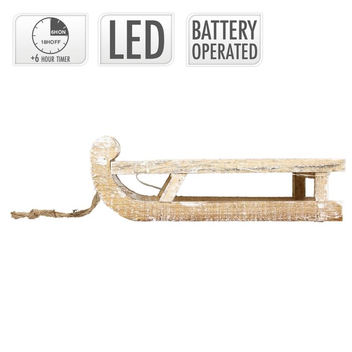 ECD Germany Dekorativ kjelke i tre med 25 LED-lys, Varmhvit, 31,5x14,5x10,5 cm, Brun-Natur