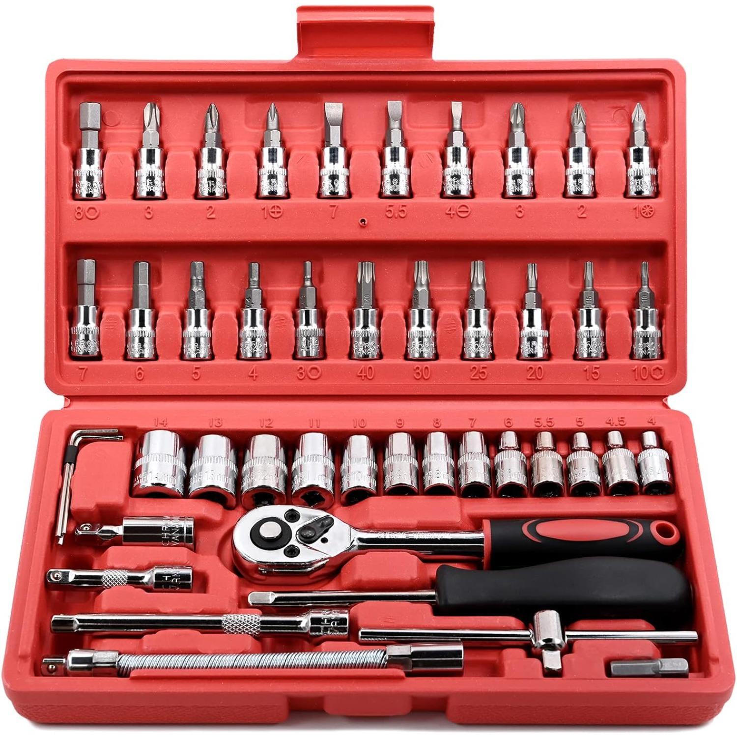 

46 Pieces 1/4 Drive Socket Set&Tool Sets, Ratchet Wrench Set with Bit Socket Set Metric and Extension Bar for DIY, Car Repair and Household 46-Pack червоний